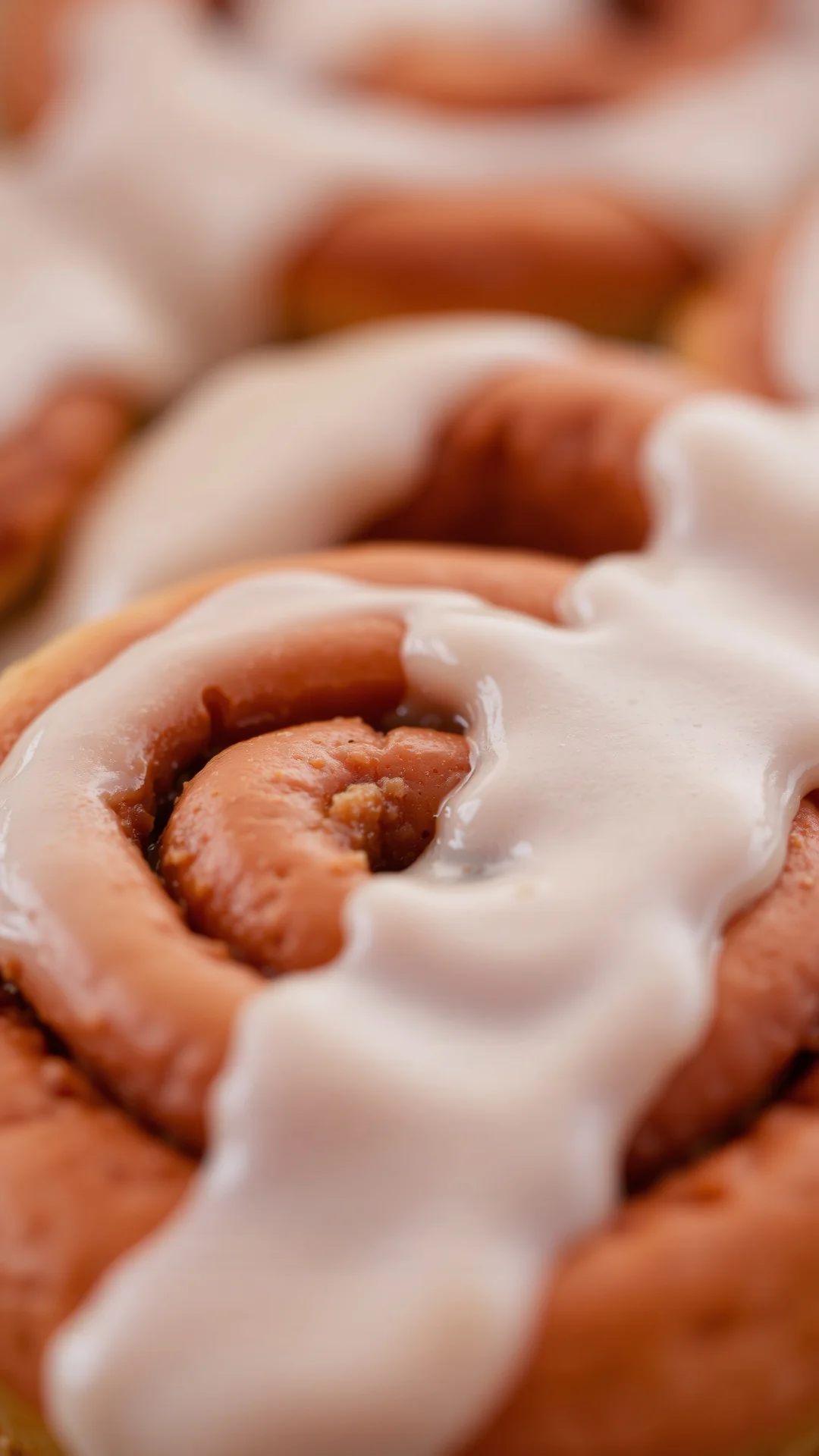 Delicious cinnamon rolls with icing glaze, extreme close-up macro shot, warm cinnamon swirl visible, dripping creamy frosting