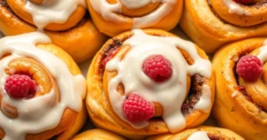 Delicious freshly baked cinnamon rolls with raspberry filling, glazed with white frosting, professional food photography, gol