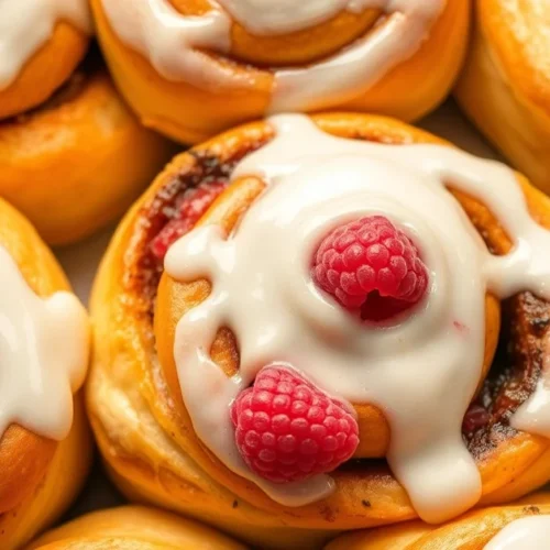 Delicious freshly baked cinnamon rolls with raspberry filling, glazed with white frosting, professional food photography, gol