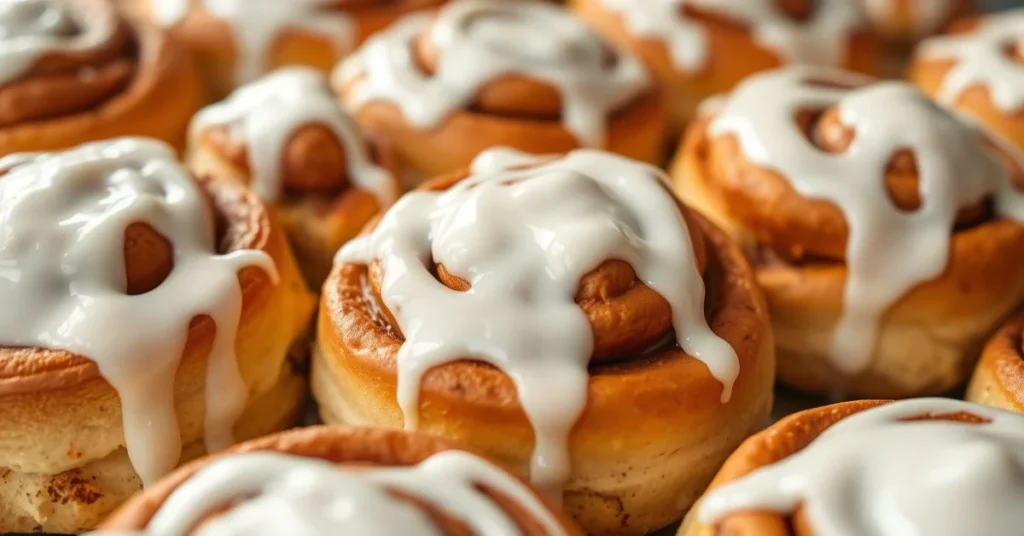 Delicious gluten-free cinnamon rolls with white frosting glaze, fresh from oven, golden brown exterior, soft fluffy texture,