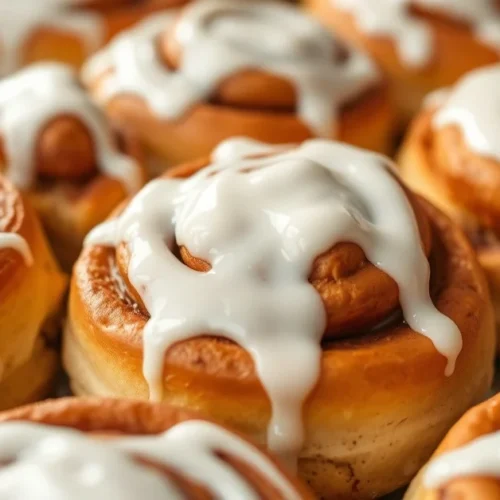 Delicious gluten-free cinnamon rolls with white frosting glaze, fresh from oven, golden brown exterior, soft fluffy texture,