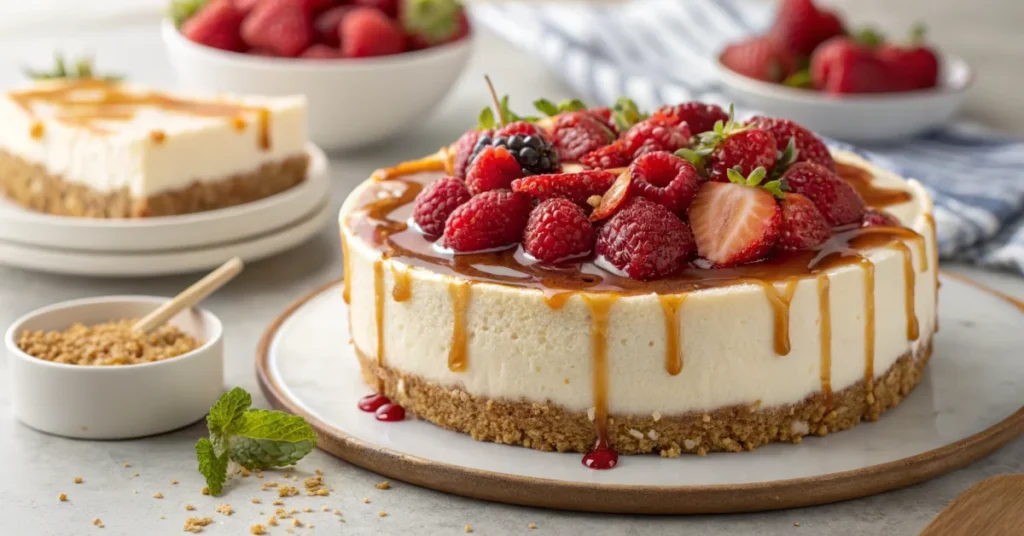 Delicious no-bake cheesecake with graham cracker crust and creamy filling, topped with fresh red berries and caramel drizzle,