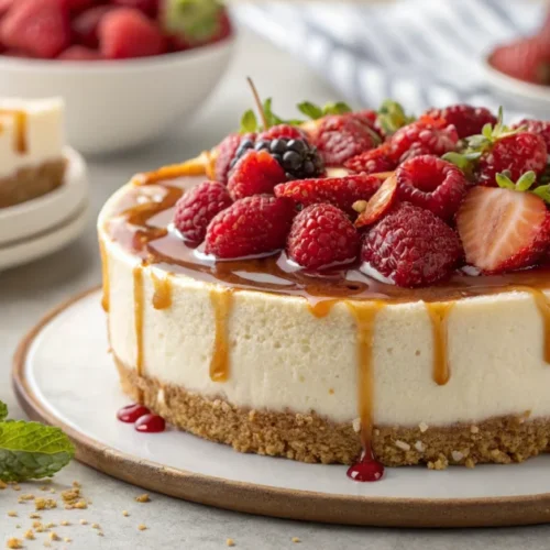 Delicious no-bake cheesecake with graham cracker crust and creamy filling, topped with fresh red berries and caramel drizzle,