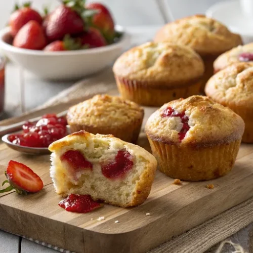 Delicious strawberry jam muffins arranged on a rustic wooden cutting board, golden-brown tops with visible strawberry jam pee