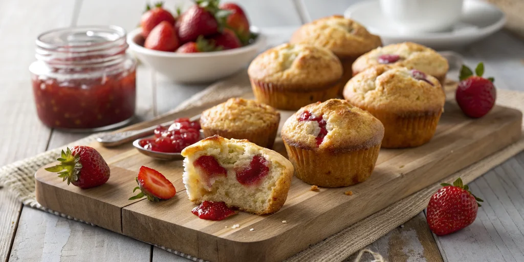 Delicious strawberry jam muffins arranged on a rustic wooden cutting board, golden-brown tops with visible strawberry jam pee