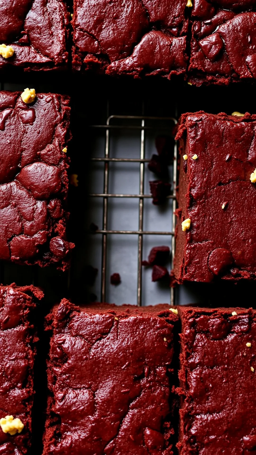 Dense chocolate beetroot brownies with crushed walnuts, fudgy texture, cut squares on cooling rack, dramatic lighting, detail