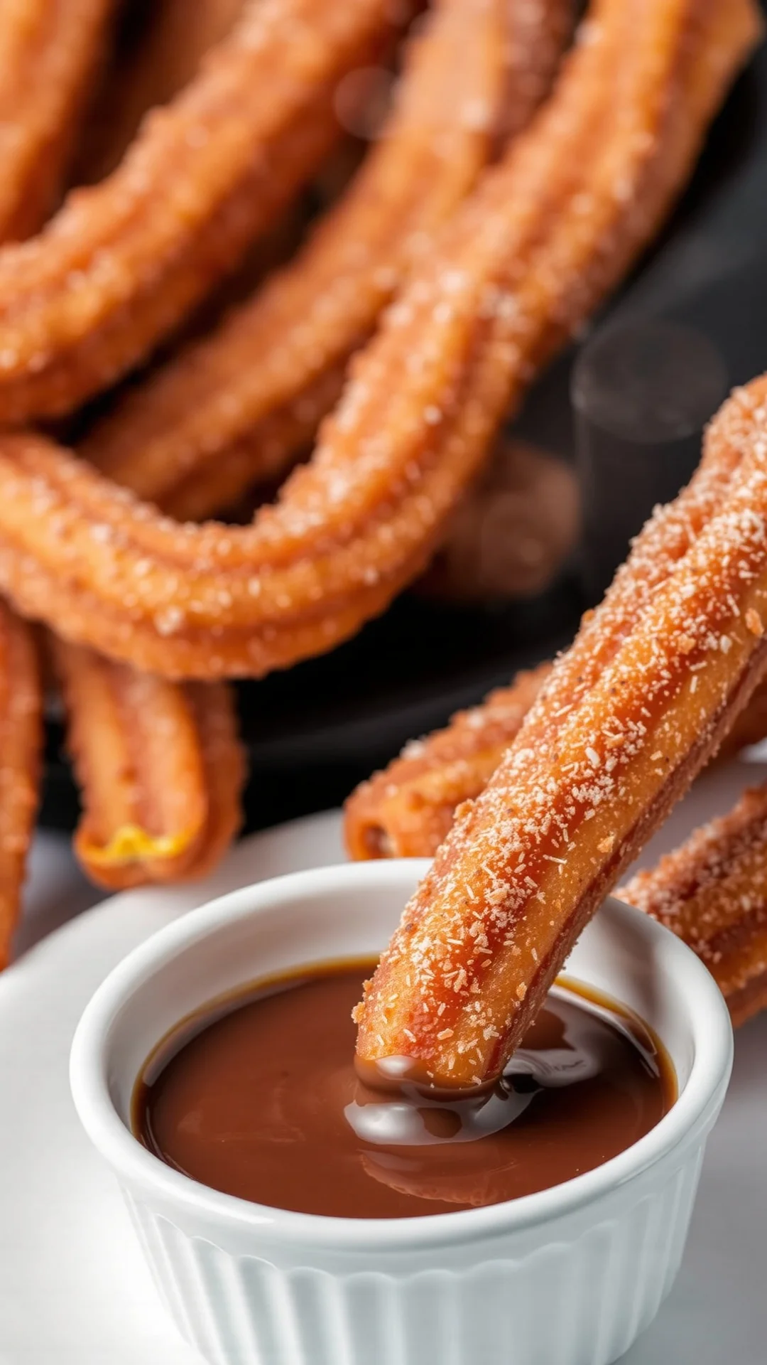 Detailed portrait of golden crispy churros with cinnamon sugar coating, chocolate dipping sauce bowl, airfryer steam visible