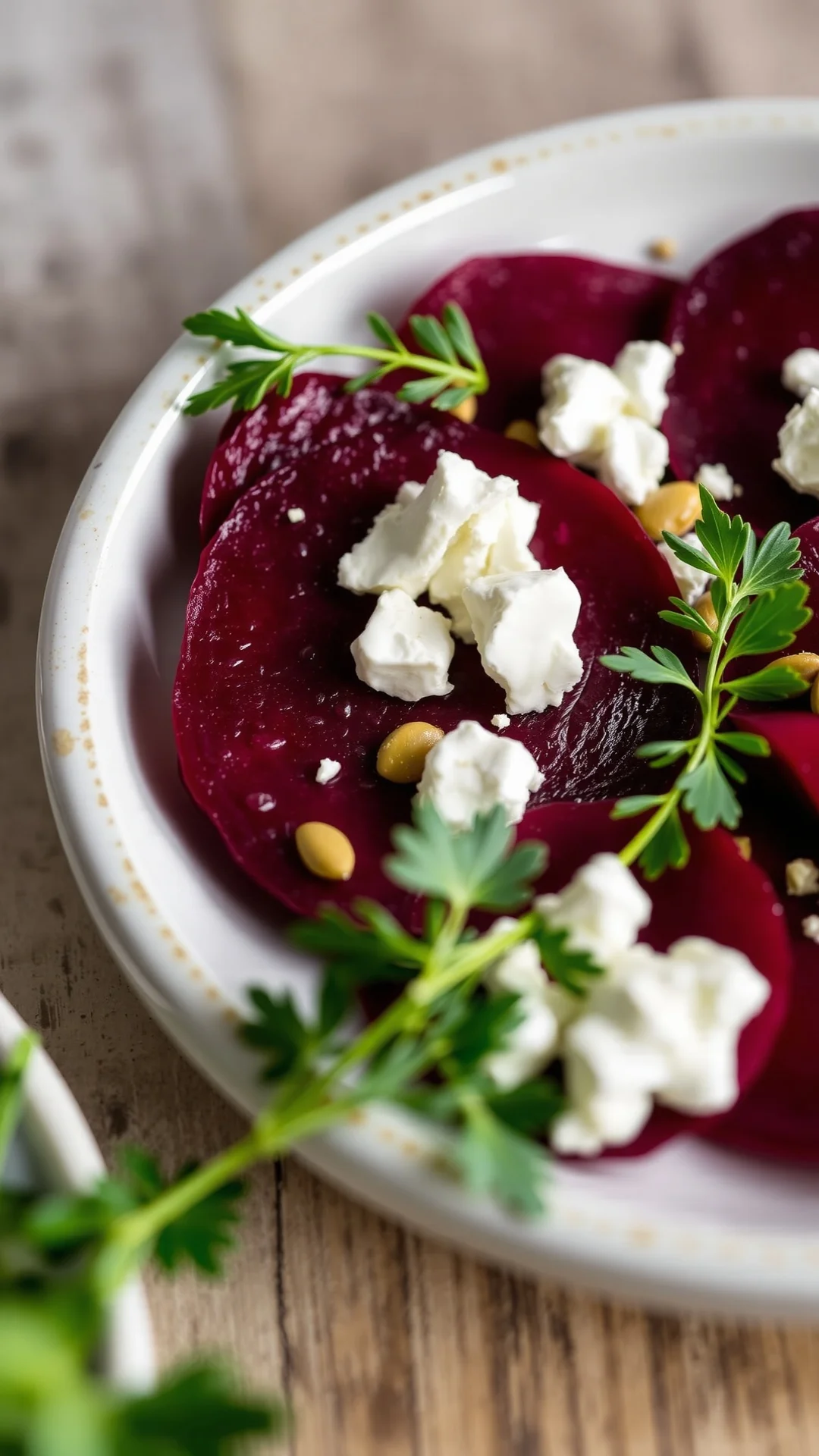 Elegant beet carpaccio with fresh goat cheese crumbles, pumpkin seeds, and fresh tarragon. Thin beet slices beautifully plate