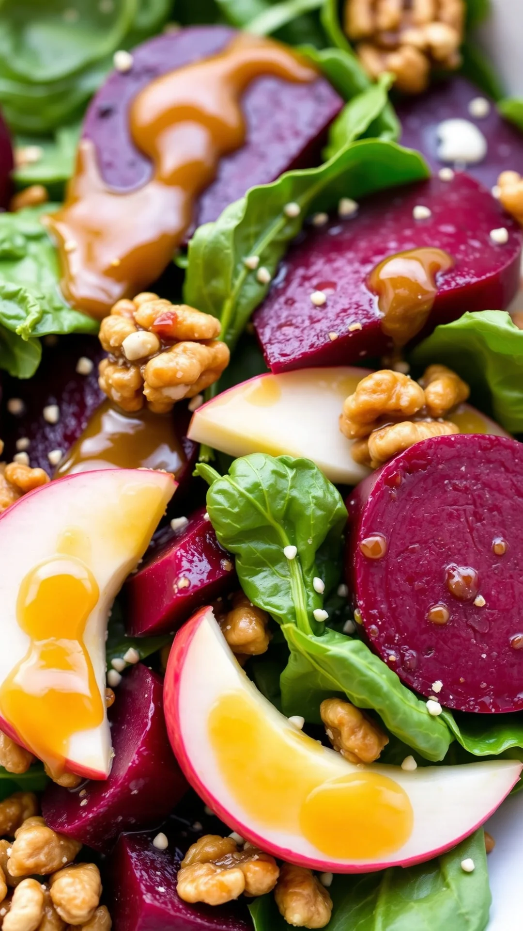 Elegant beet salad with crisp apple slices, candied walnuts, fresh spinach, honey mustard dressing, colorful vibrant presenta