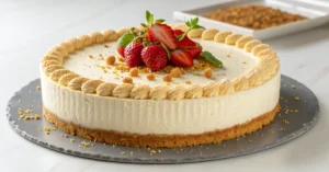 Elegant creamy mascarpone cheesecake with golden biscuit crust, studio lighting, luxurious texture visible, fresh garnish top