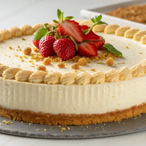 Elegant creamy mascarpone cheesecake with golden biscuit crust, studio lighting, luxurious texture visible, fresh garnish top