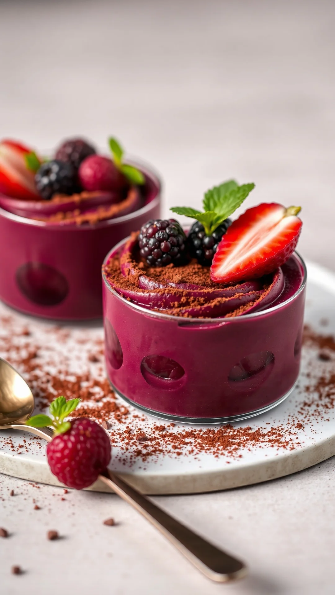 Elegant mousse dessert with dark chocolate and beetroot, purple-burgundy color, silky texture, garnished with cocoa powder, f