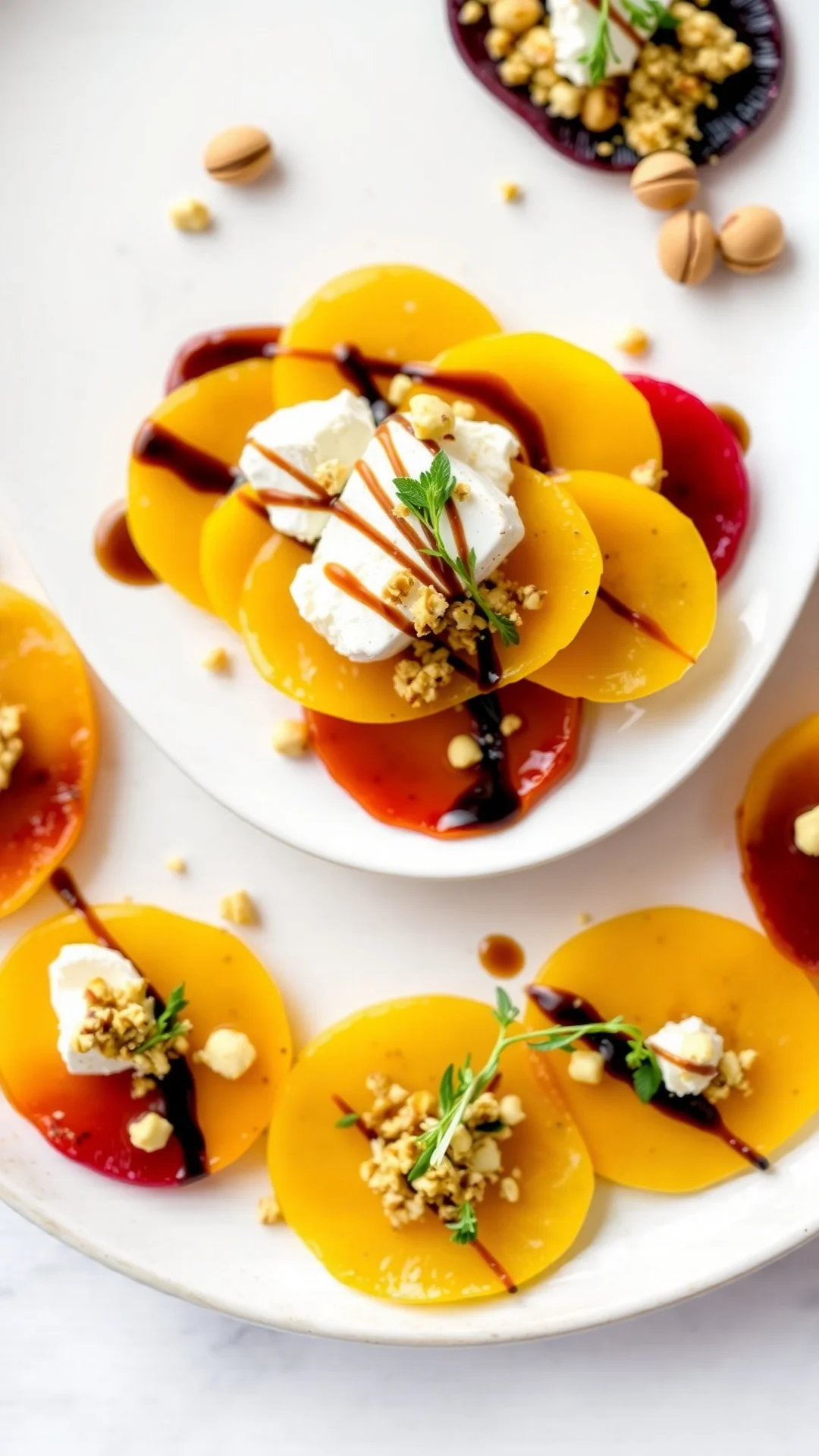 Elegant plated carpaccio of yellow beets with creamy goat cheese, pistachio crumble and balsamic drizzle, gourmet presentatio