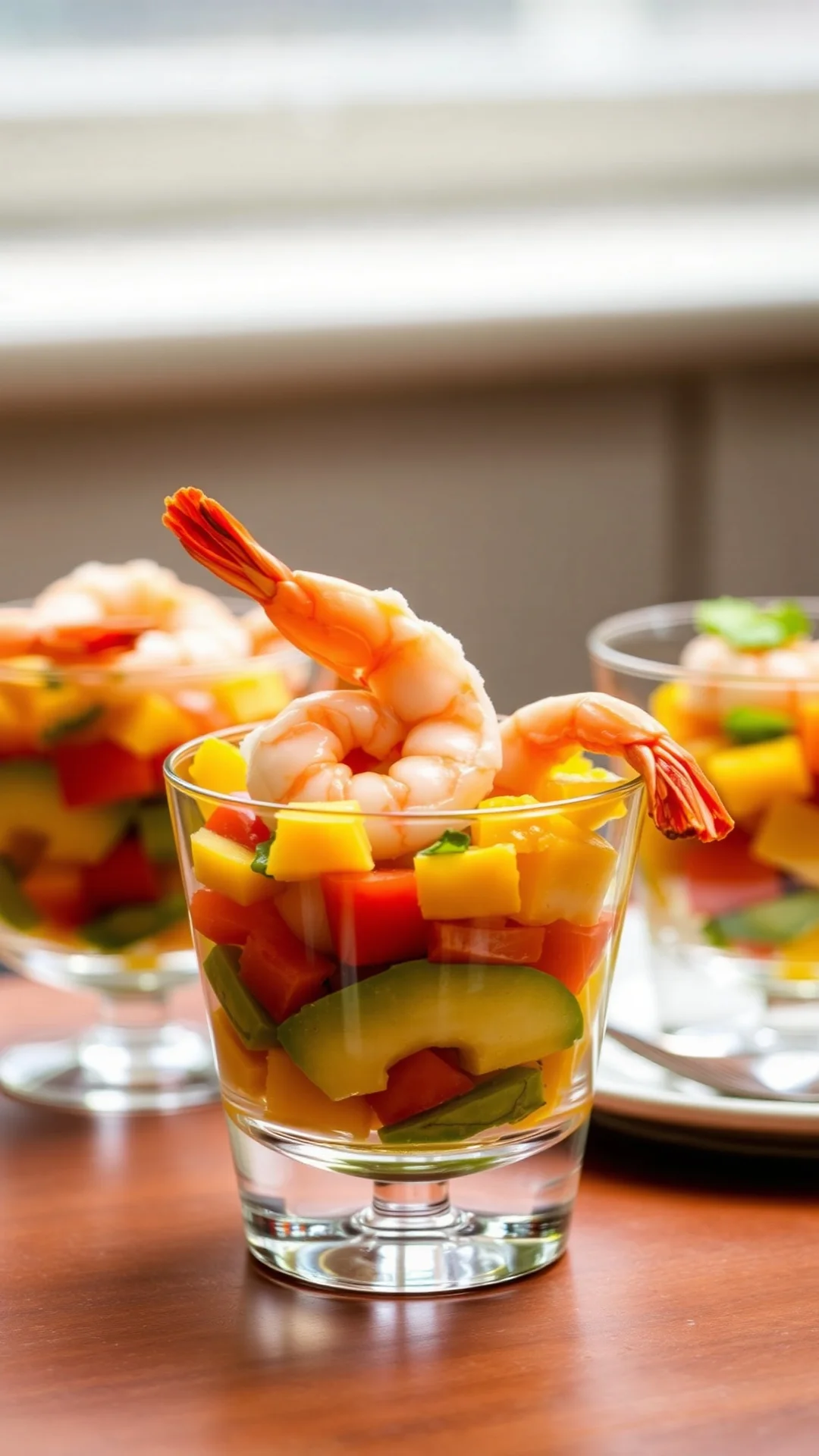 Elegant portrait of avocado prawn and mango verrine in glass, layered colorful appetizer with whole shrimp on top, fresh summ