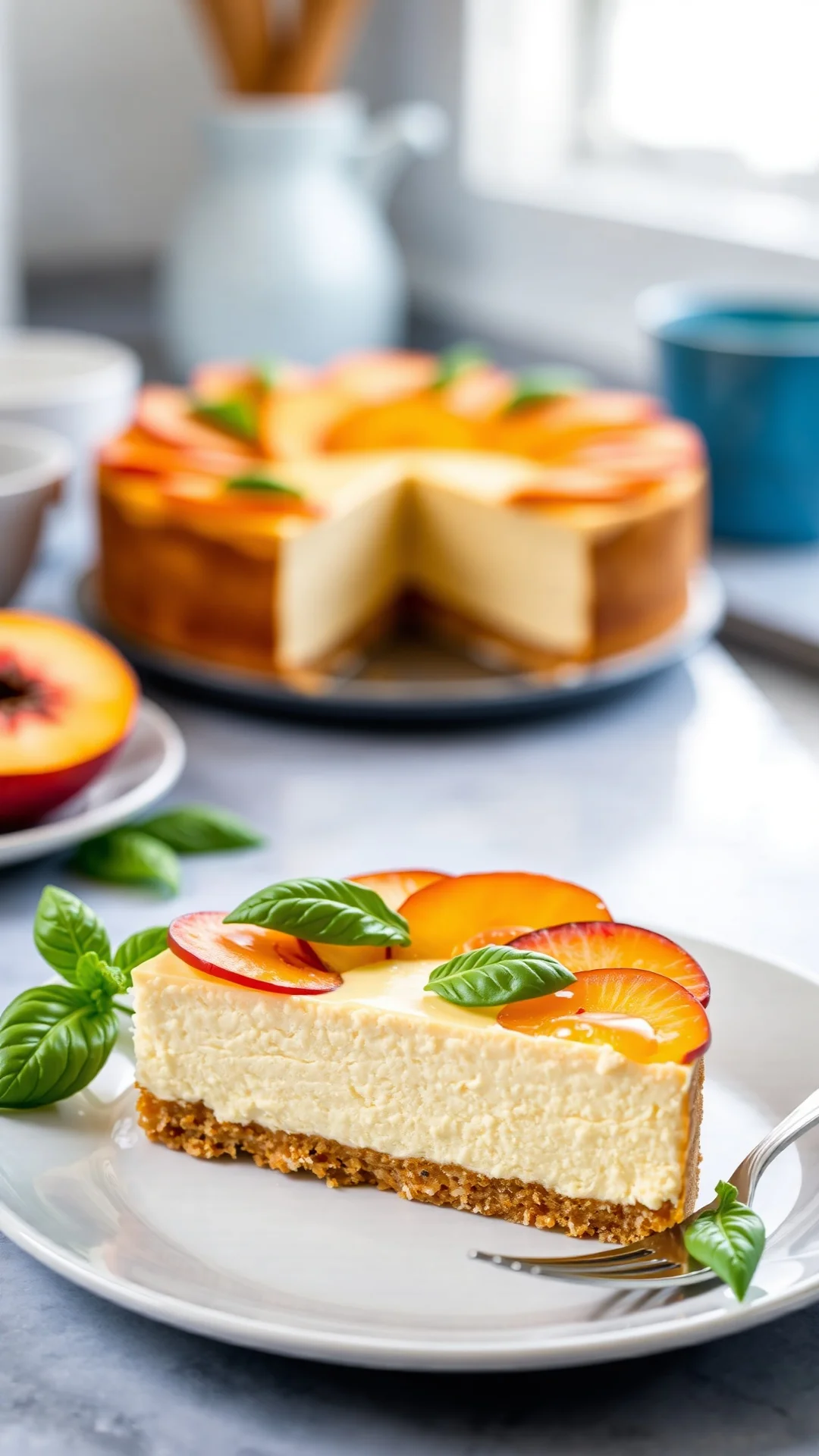 Elegant portrait shot of a peach and basil cheesecake slice, thin peach slices arranged in a rosette, fresh green basil leave