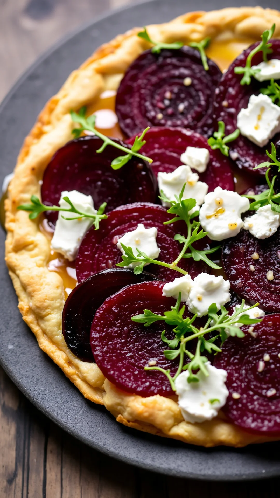 Elegant thin tart with puff pastry, arranged beet slices, fresh goat cheese, and fresh rocket. Honey drizzle visible, sophist
