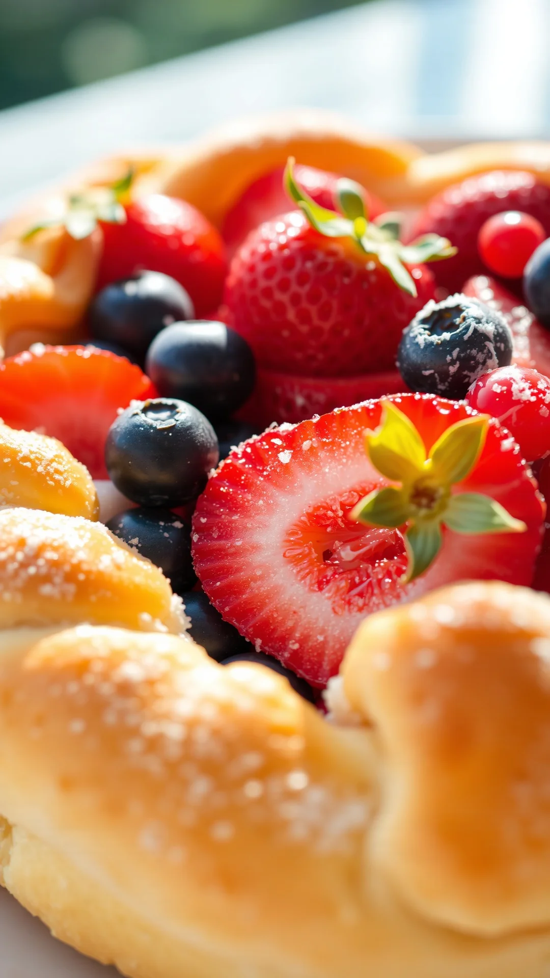 Extreme close-up of golden puff pastry with fresh strawberries, blueberries, red currants, pastry cream visible, afternoon su