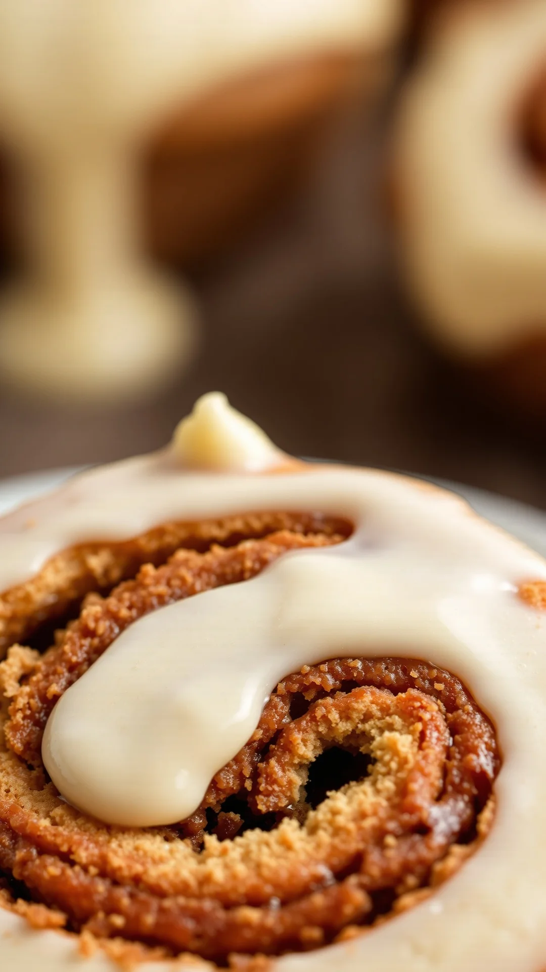 Extreme close-up of sliced cinnamon roll showing spiral layers, creamy frosting dripping, warm cinematic lighting, artisanal