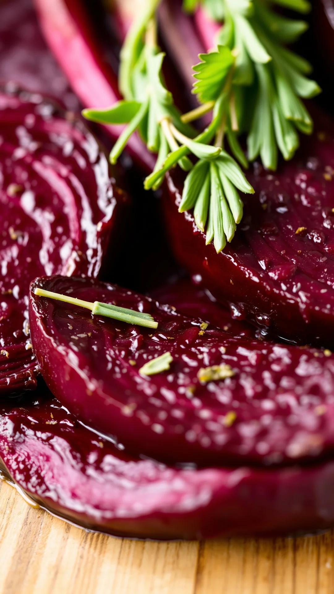 Extreme close-up of sliced cooked beets with glistening skin, fresh herbs garnish, wooden background, food styling, macro pho