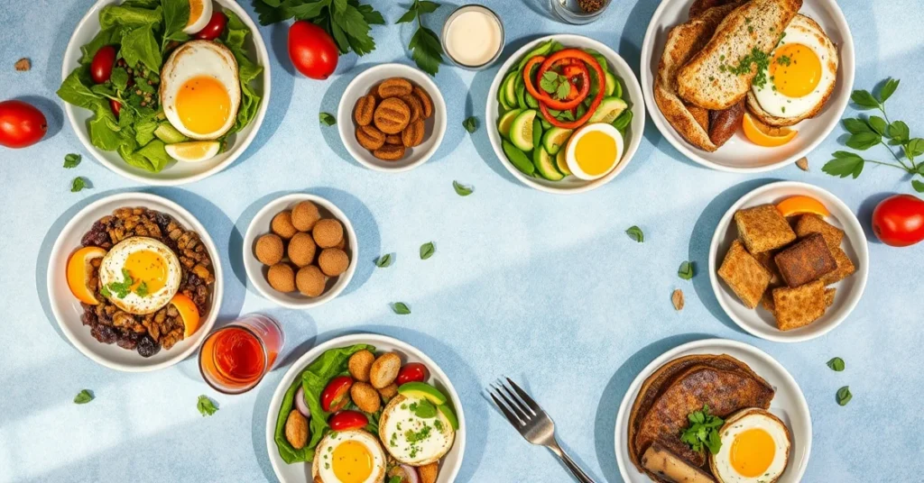 Flat lay food photography overhead view of seven different healthy breakfast dishes on airfryer theme, colorful ingredients s