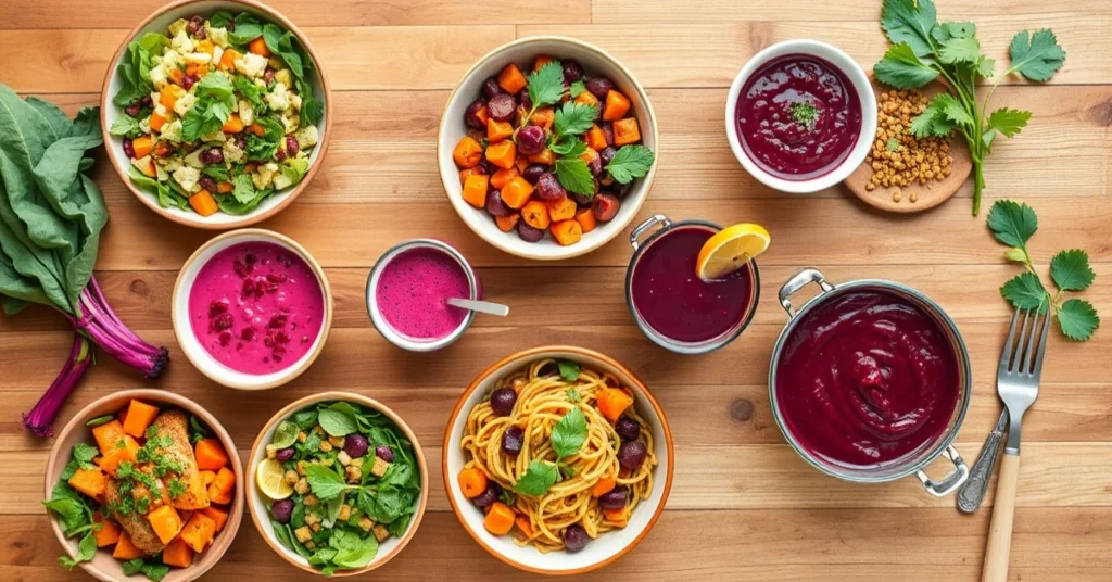 Flat lay overhead food photography of seven beetroot recipes spread across wooden table, colorful assortment salads soups ris