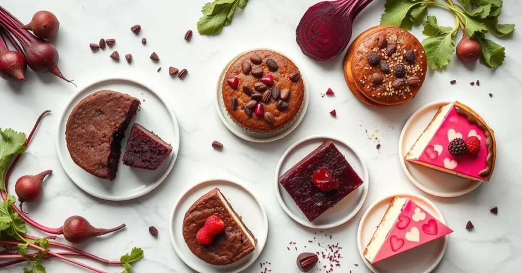 Flat lay overhead of five colorful beet desserts: chocolate cake, muffins, pancakes, brownies, cheesecake on marble surface,