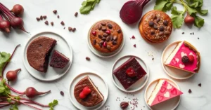 Flat lay overhead of five colorful beet desserts: chocolate cake, muffins, pancakes, brownies, cheesecake on marble surface,