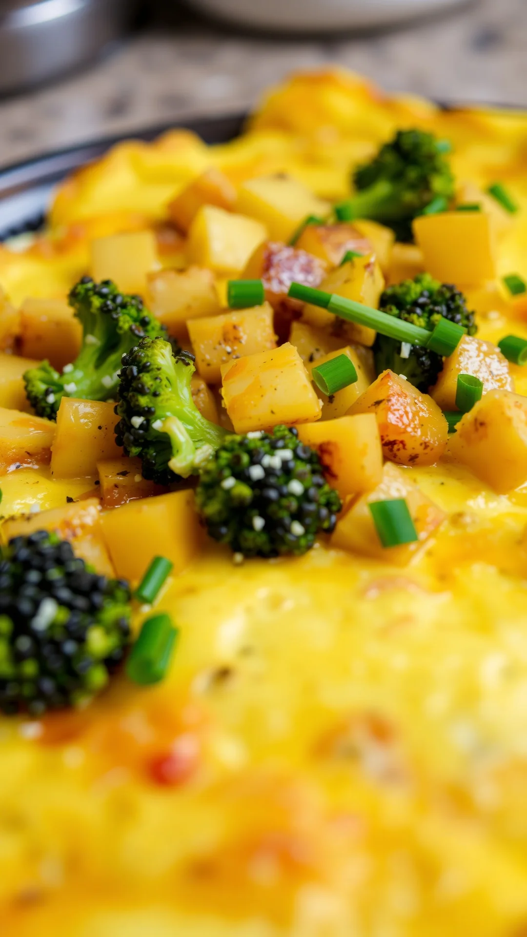 Fluffy Spanish omelette with cooked broccoli and diced potatoes, melted cheese, golden edges, fresh chives garnish, kitchen c