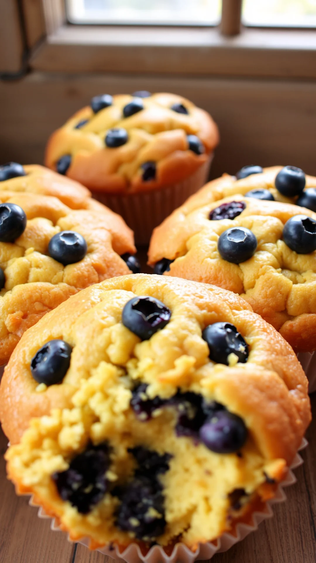 Fresh-baked blueberry muffins with moist crumb, golden-brown tops, scattered fresh blueberries, served warm, natural window l