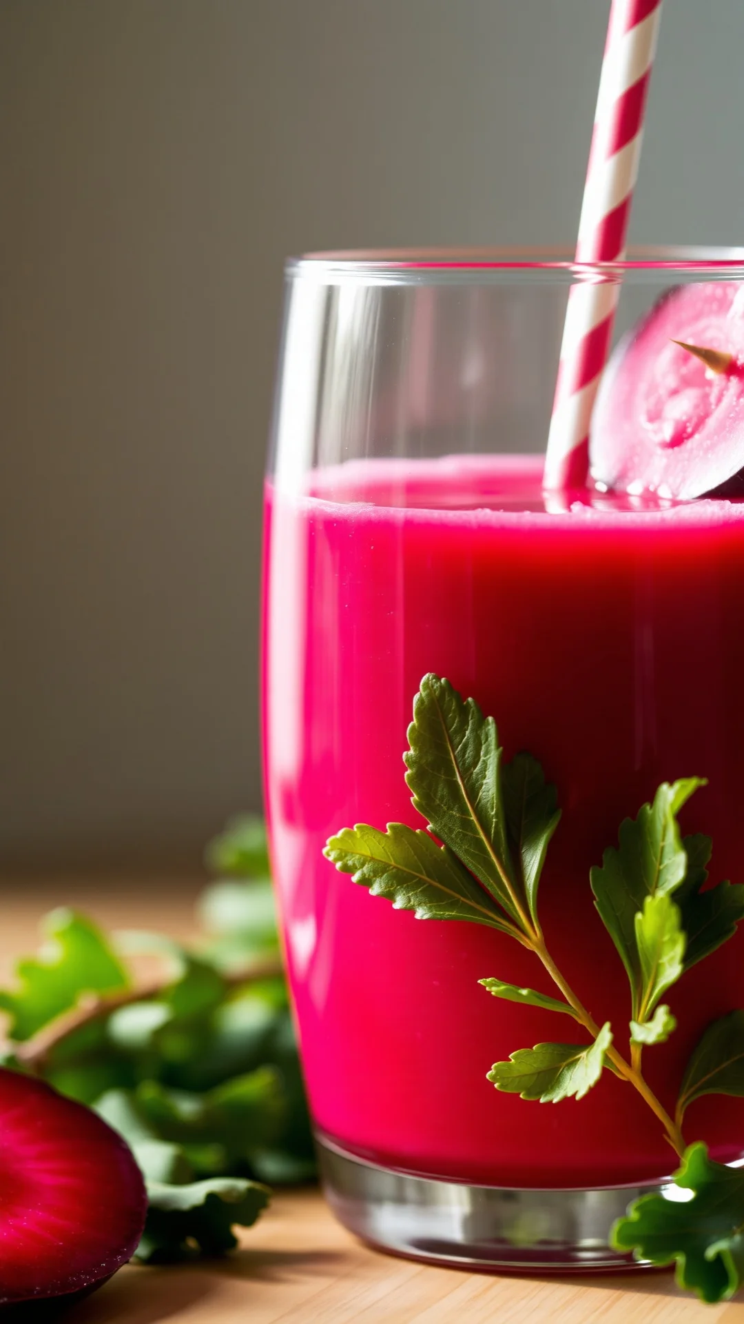 Fresh beet carrot ginger detox juice in glass, vibrant red color, close-up shot, morning light, wellness drink, nutritious be