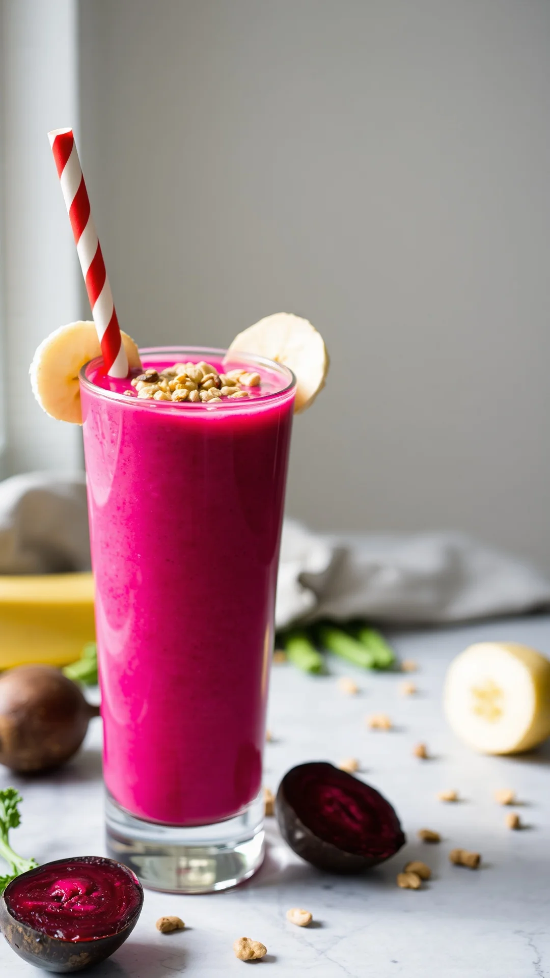 Fresh beetroot apple banana smoothie in tall glass, vibrant magenta pink color, topped with granola, natural morning light, h