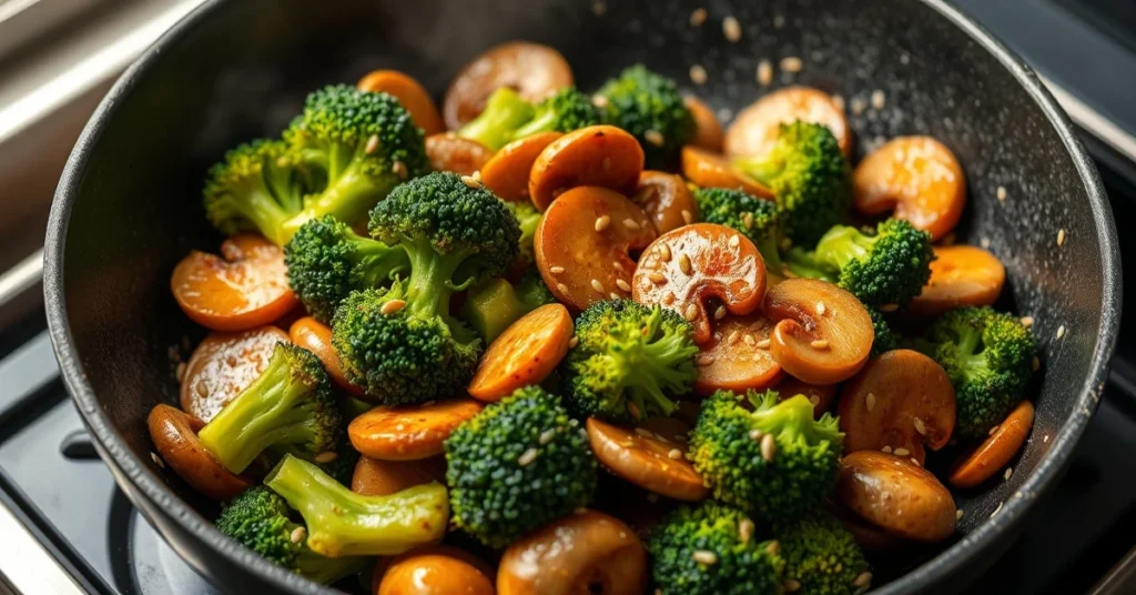 Fresh broccoli and mushroom stir-fry in a hot pan, golden sautéed vegetables with sesame seeds, healthy and appetizing.