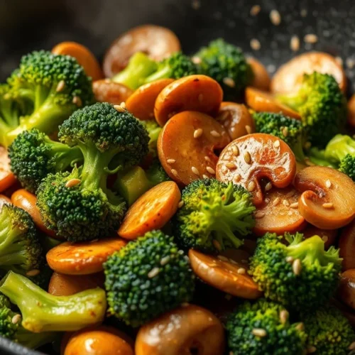 Fresh broccoli and mushroom stir-fry in a hot pan, golden sautéed vegetables with sesame seeds, healthy and appetizing.