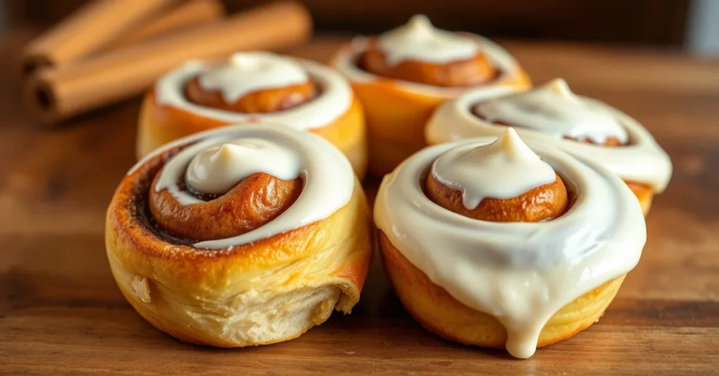 Fresh homemade cinnamon rolls with cream cheese frosting on wooden table, warm bakery aesthetic, golden brown pastry, close-u