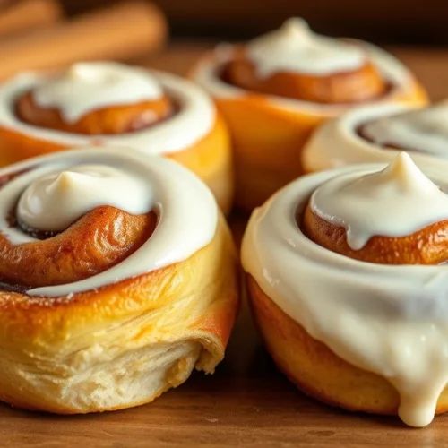 Fresh homemade cinnamon rolls with cream cheese frosting on wooden table, warm bakery aesthetic, golden brown pastry, close-u