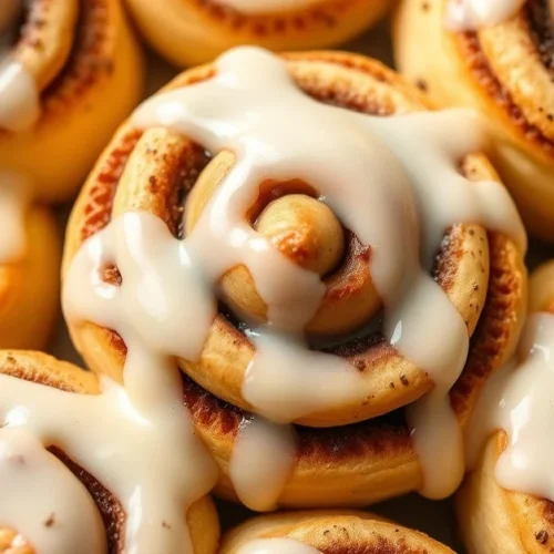 Fresh homemade cinnamon rolls with vanilla glaze dripping down, warm golden brown, soft moelleux pastry, closeup flat lay, pr
