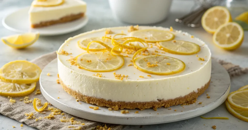 Fresh lemon no-bake cheesecake with creamy filling, crispy biscuit base, decorated with lemon zest and thin citrus slices, pr