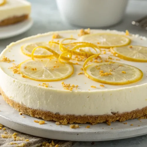 Fresh lemon no-bake cheesecake with creamy filling, crispy biscuit base, decorated with lemon zest and thin citrus slices, pr