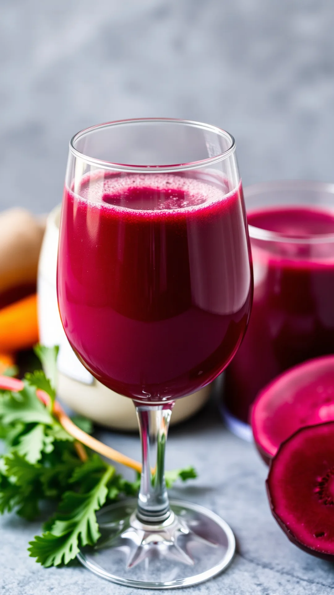 Fresh pressed deep burgundy beet carrot ginger juice in glass, vibrant, detox drink, health elixir, close-up shot, organic be