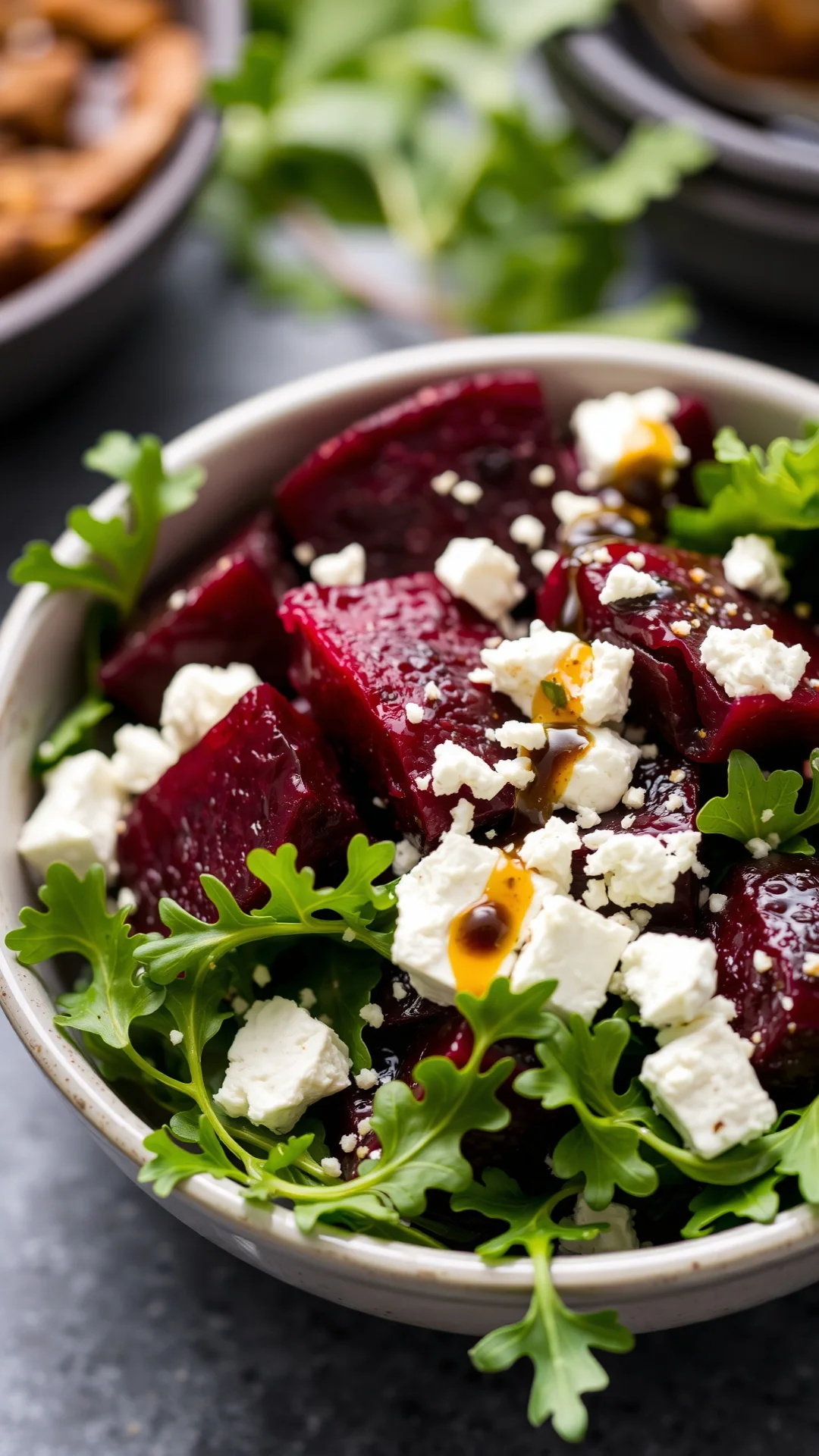 Fresh salad bowl with roasted beets, crumbled feta cheese, rocket greens, balsamic vinegar drizzle, vibrant deep purple red c