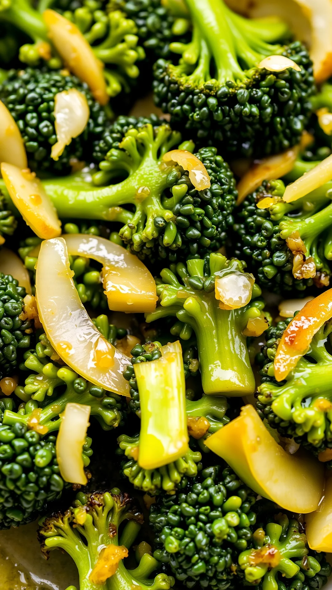 Fresh stir-fried broccoli with sliced garlic and bright lemon juice, golden olive oil gleaming, vibrant green florets, close-