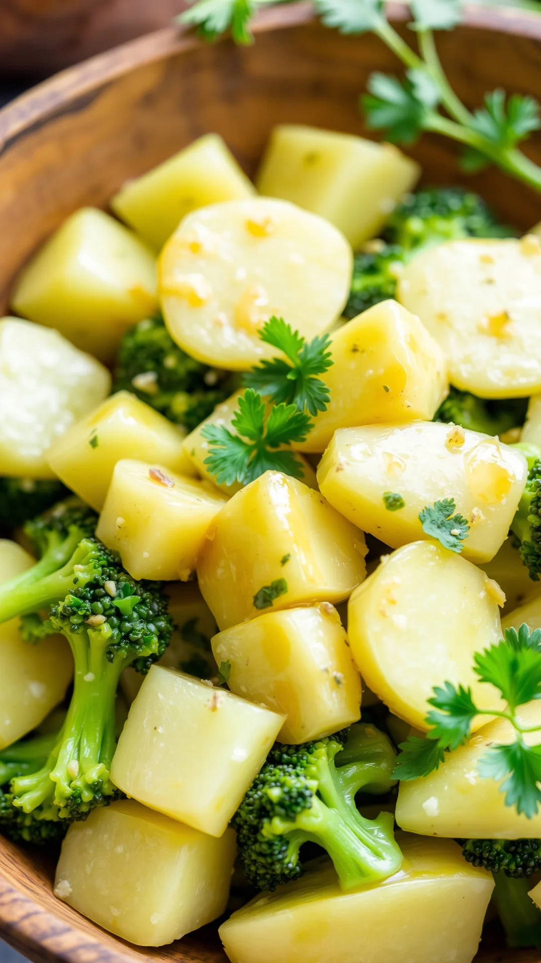 Fresh warm salad with tender potatoes, green broccoli florets, mustard vinaigrette dressing, fresh parsley garnish, rustic wo