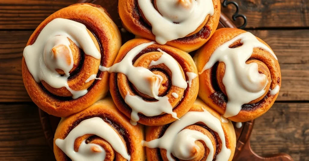 Freshly baked cinnamon rolls with white cream glaze, golden brown, close-up overhead shot on rustic wooden table, warm cozy l