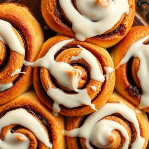Freshly baked cinnamon rolls with white cream glaze, golden brown, close-up overhead shot on rustic wooden table, warm cozy l