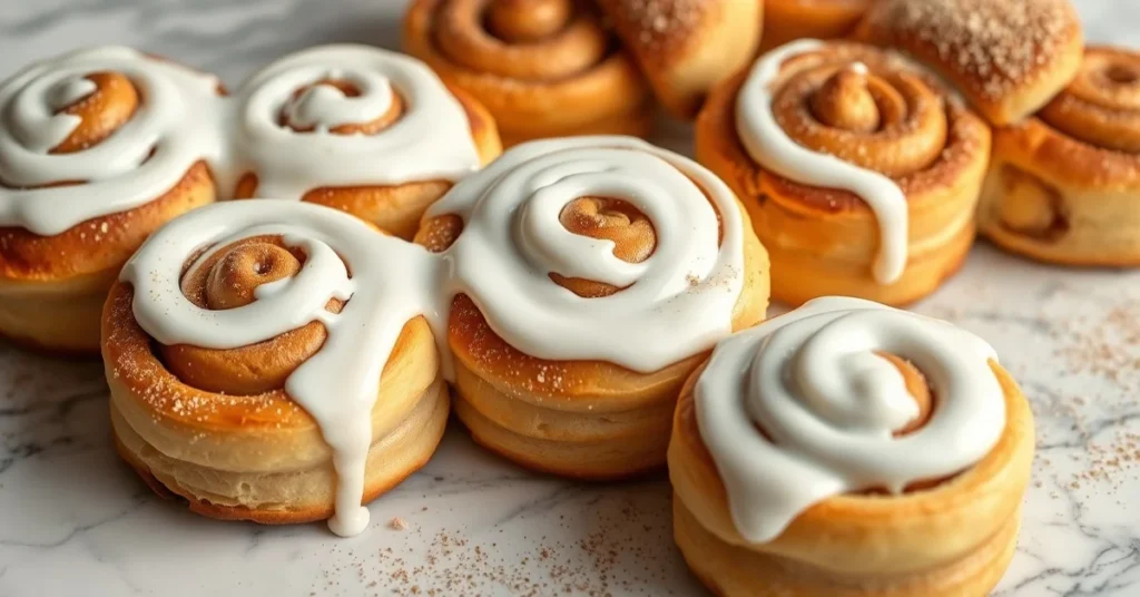 Freshly baked vegan cinnamon rolls topped with white frosting glaze, spiral pastries dusted with cinnamon sugar, warm artisan