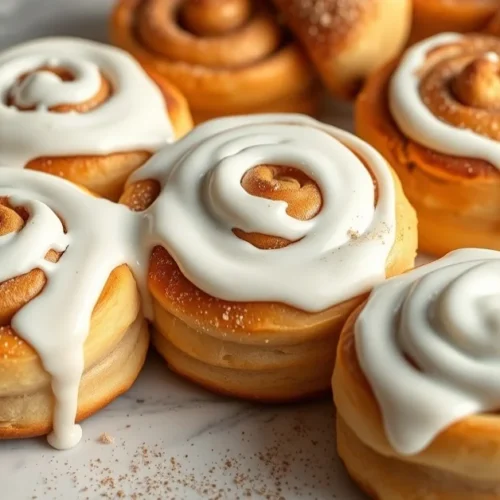 Freshly baked vegan cinnamon rolls topped with white frosting glaze, spiral pastries dusted with cinnamon sugar, warm artisan