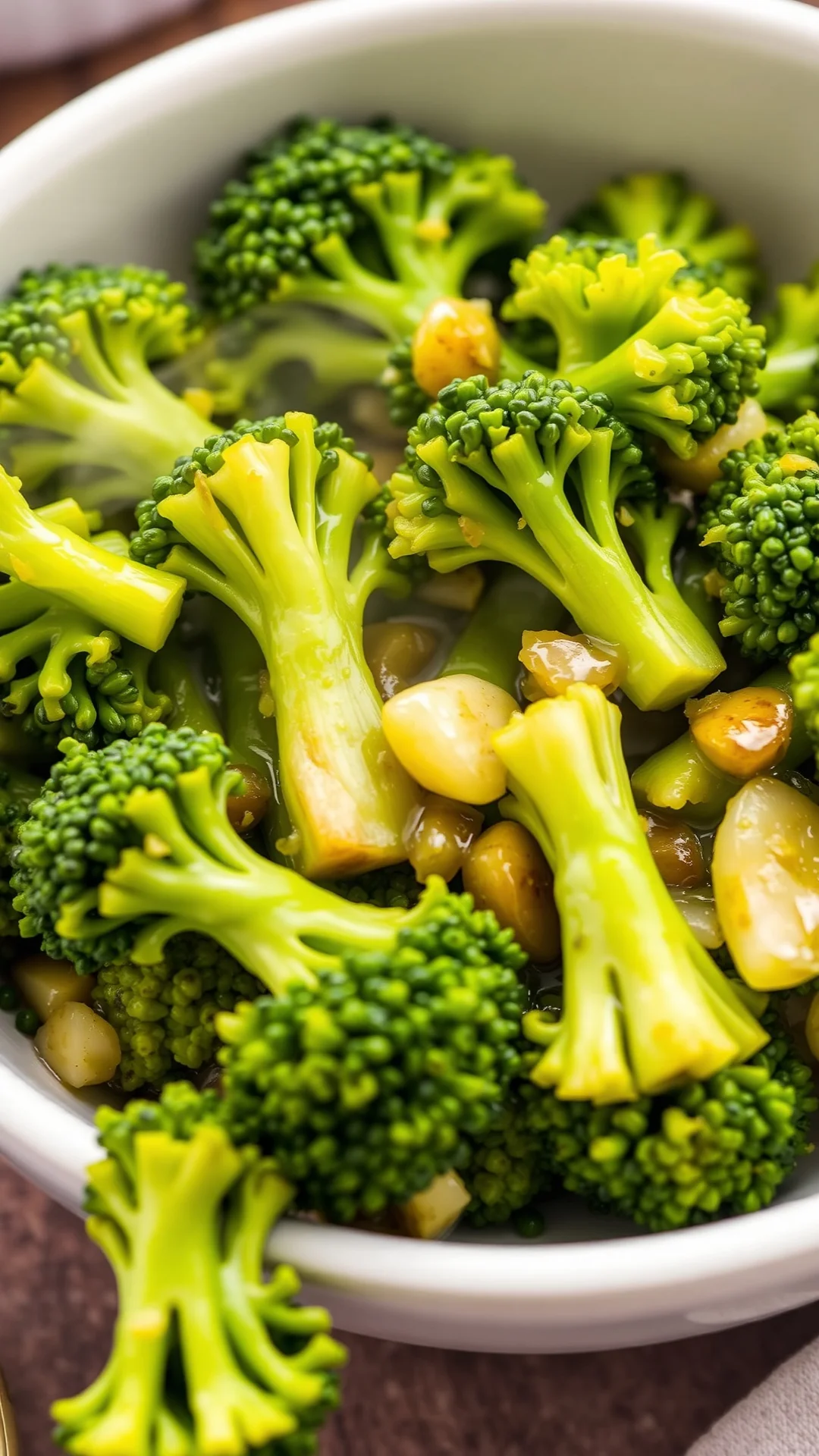 Freshly sautéed broccoli florets with garlic and olive oil in a white ceramic bowl, vibrant green color, golden garlic piece