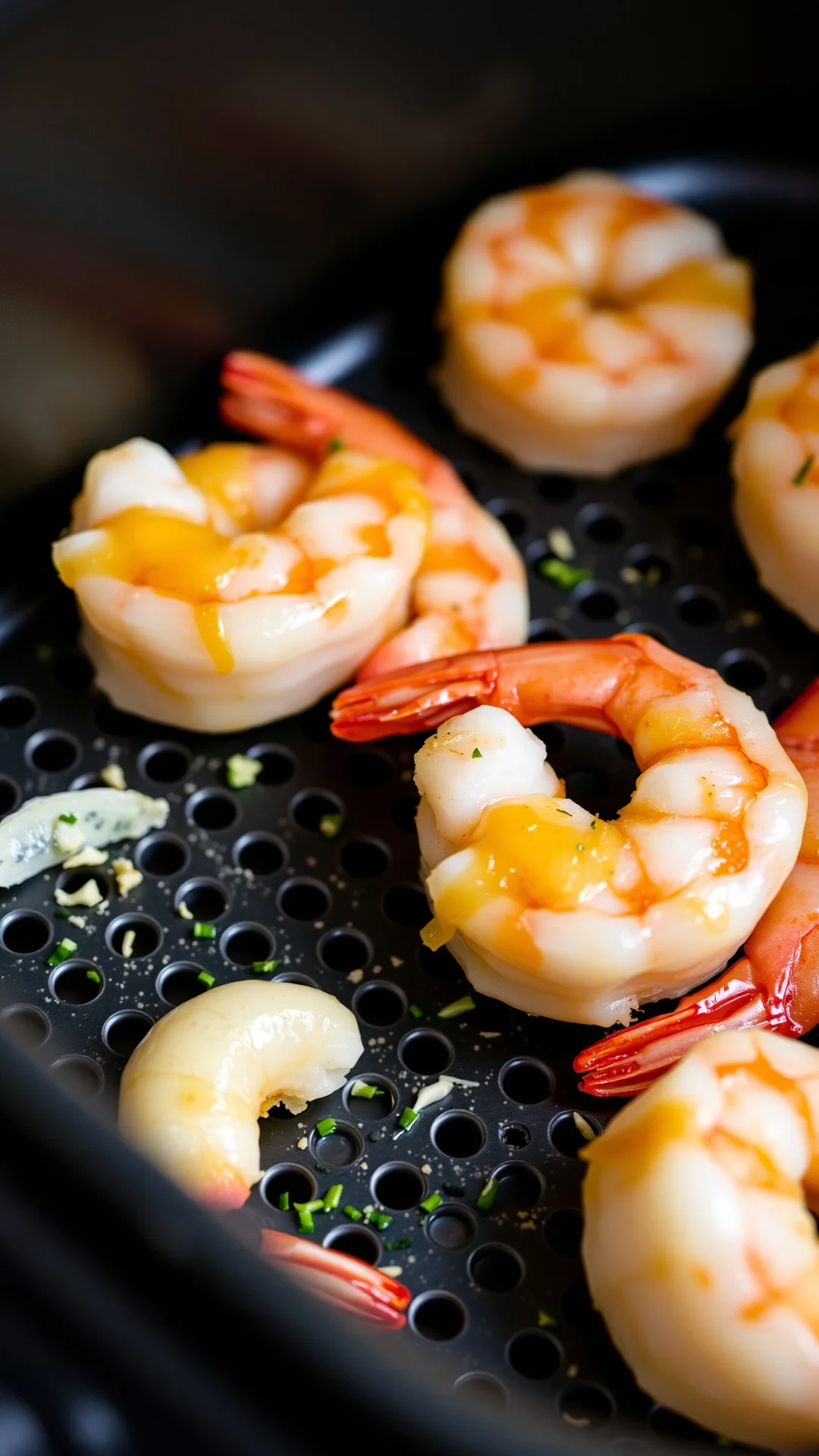 Garlic butter shrimp in air fryer basket, pink cooked shrimp, aromatic garlic, professional food photography