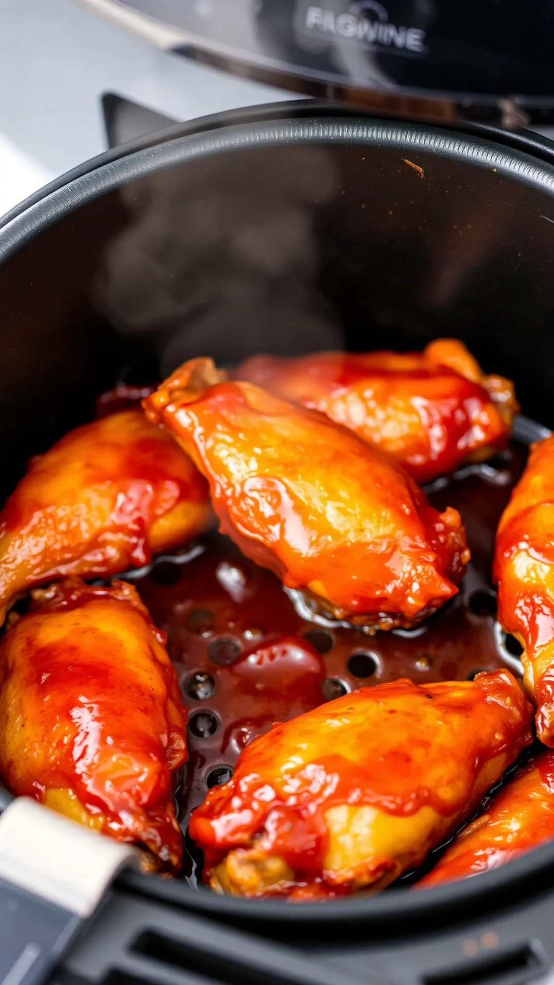 Glazed barbecue chicken wings in air fryer, sticky sauce coating, golden brown wings, dinner appetizer