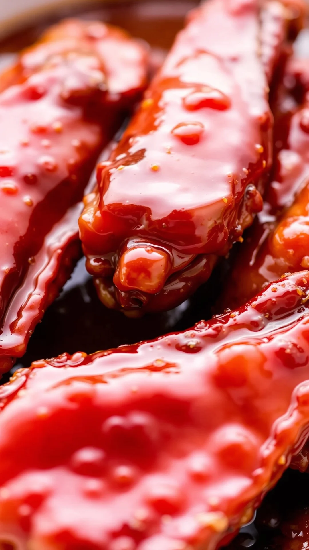 Glossy caramelized chicken wings with ginger soy sauce, appetizing shiny glaze, close-up professional food photography
